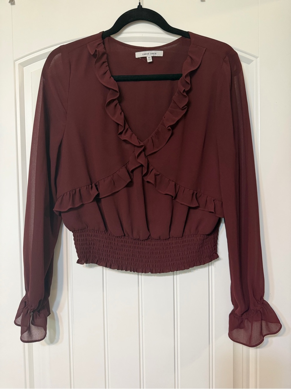 Naked Zebra Ruffle V-Neck Long Sleeve Blouse - Wine